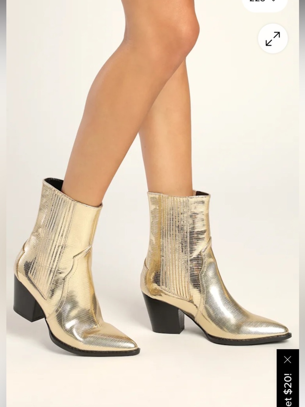 Lulu’s Vaylyn Gold Pointed-Toe Mid-Calf Boots Metallic Western Style